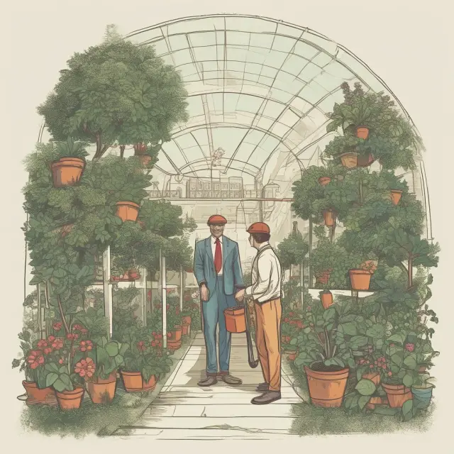 An intrapreneur cultivating ideas in a thriving organizational garden, symbolizing growth and development.