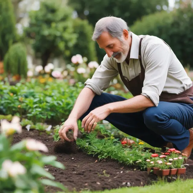 A gardener cultivating various seeds in a lush company garden, symbolizing intrapreneurs nurturing innovative ideas