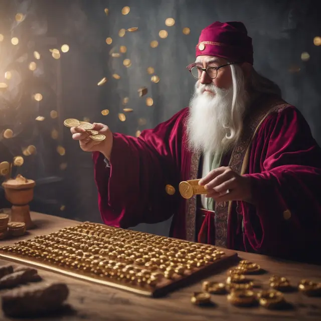 A financial expert calculating the intrinsic value of a company using Discounted Cash Flow (DCF) analysis, surrounded by golden coins symbolizing potential wealth
