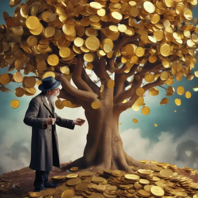A time traveler assessing golden coins falling from a money tree, symbolizing estimated future cash flows in DCF analysis