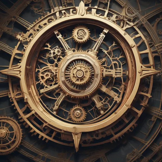 Clockwork machine with gears symbolizing business model, competitive advantages, management, and governance, emphasizing their importance in evaluating a company