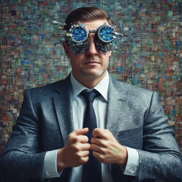 An investor with emotion-tinted goggles analyzing market trends to understand the influence of perceptual factors on intrinsic value calculations