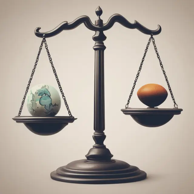 An investor holds a set of scales, with one pan labeled