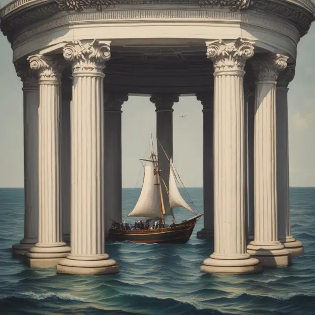 A wise sailor navigates stormy waters with guidance from pillars symbolizing experience, reputation, range of services, and effective communication in the selection of an Introducing Broker