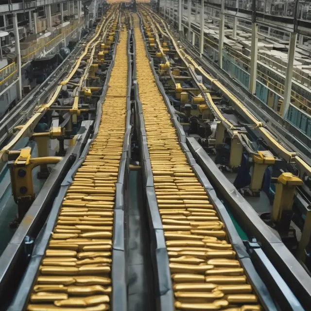Golden components flowing through a Japanese factory on a conveyor belt, illustrating the concept of just-in-time inventory management