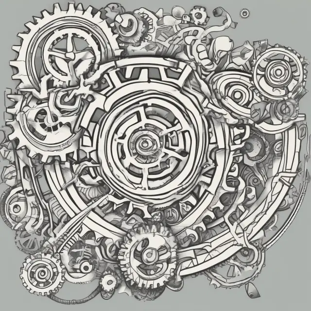 An intricate mechanism of gears turning with JIT, MRP, EOQ, and DSI ribbons representing different inventory management strategies ensuring optimal inventory levels for businesses