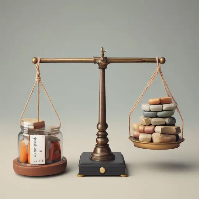 A set of balanced scales representing inventory management, with a digital ledger and a jar labeled