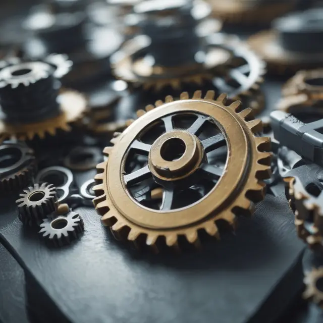 Factory scene with gears symbolizing work-in-progress inventory turning in production process