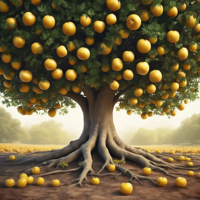 A growing tree adorned with golden apples symbolizing inventory items, while its interconnected roots illustrate effective inventory accounting for improved financial reporting and profitability.