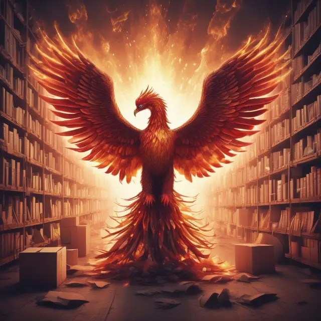 Digital Phoenix rising, representing technology transforming chaotic inventory management for improved accuracy and efficiency