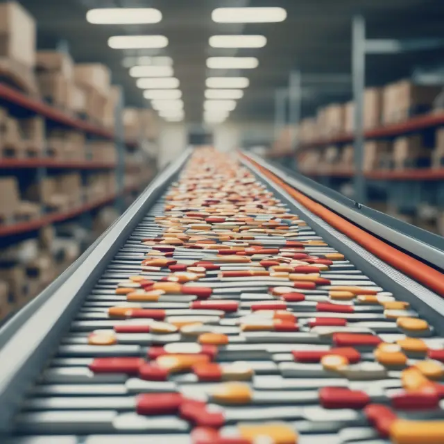 An image of a conveyor belt carrying inventory items moving towards a sales register, emphasizing the importance of efficient inventory management and sales generation