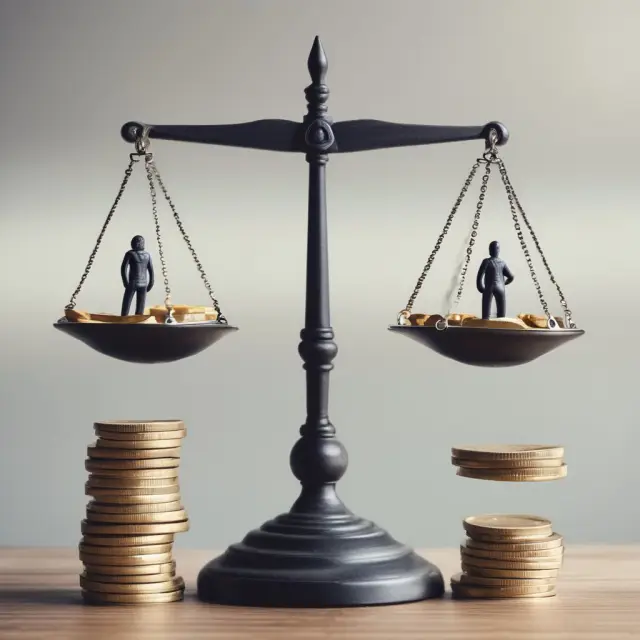 An investor carefully balances two scales, one side holding a stock and the other a bond, representing inverse correlation and risk mitigation