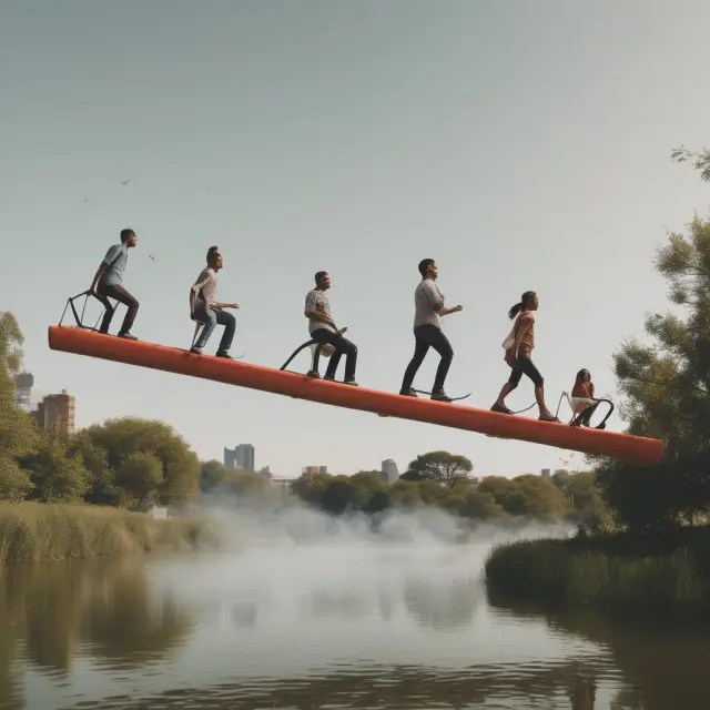 A visual metaphor of various assets on a seesaw, illustrating inverse correlations and diversification in portfolio management