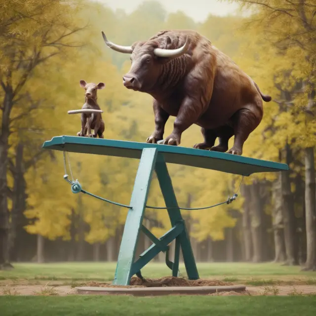 An image of a seesaw with a bull and bear figurine representing inverse ETFs, symbolizing the balance between advantages and disadvantages in investing