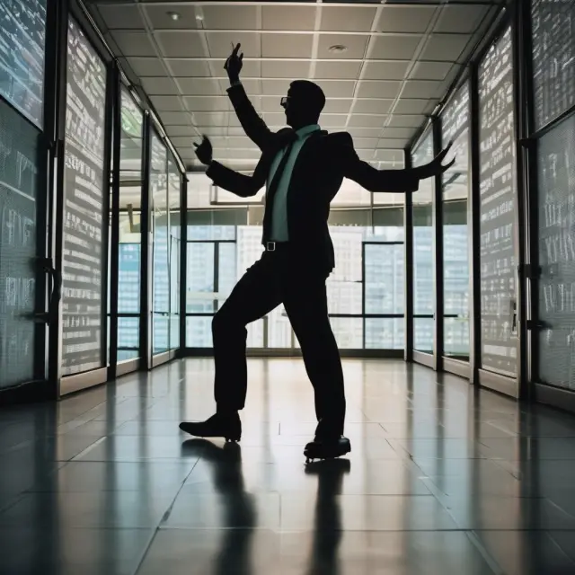 A dancer gracefully balancing on a tightrope, one foot stepping on a mirror reflecting an inverted stock market graph