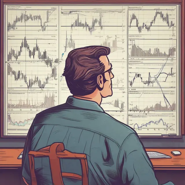 Investor examining inverse head and shoulders chart formation indicating potential bullish reversal in downtrend