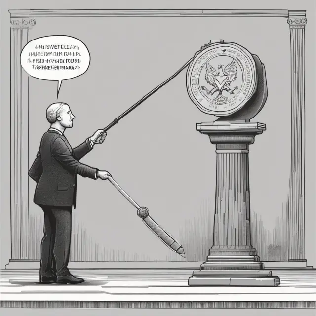 Federal Reserve Chair balancing a pendulum over an inverted yield curve, representing the complex relationship between the Fed and economic conditions