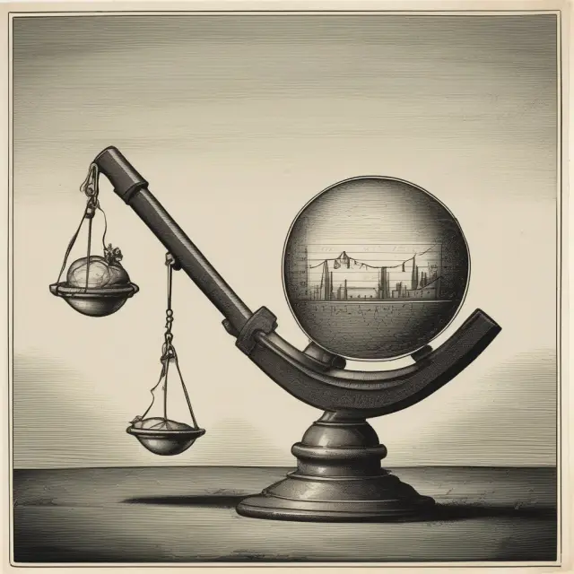 Seesaw with economic indicators and a crystal ball illustrating the unpredictability of interpreting yield curves.