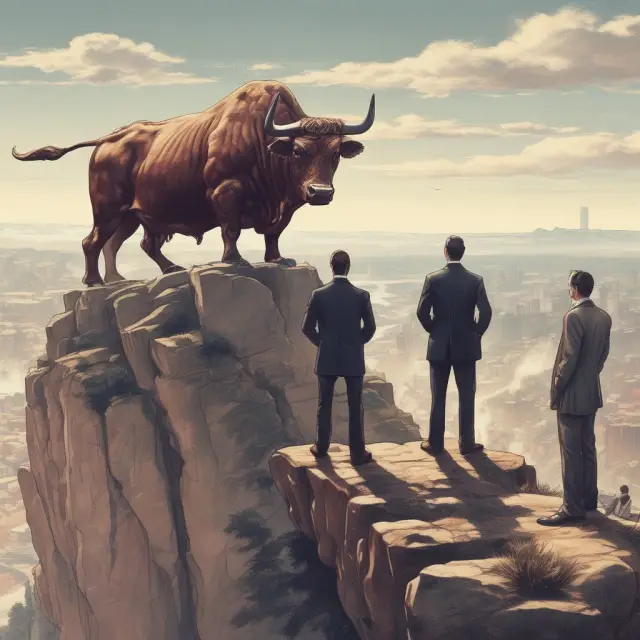 Capital bulls contemplating investments on a cliffside, enhancing profitability and shareholder value