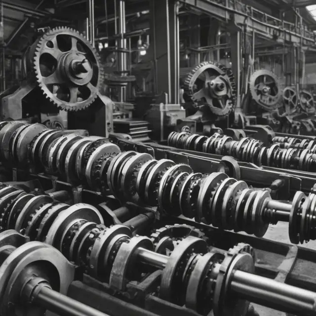 Factory gears turning, with one gear bearing the ROIC label - industries with intensive capital requirements