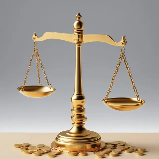 An ornate golden scale weighs the balance between a company