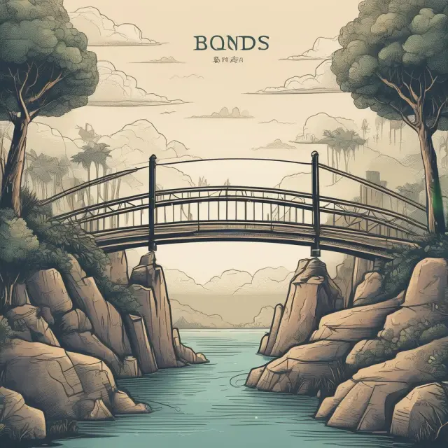 Wise investor crossing a bridge connecting bonds and stocks lands, symbolizing balanced portfolio and risk management.