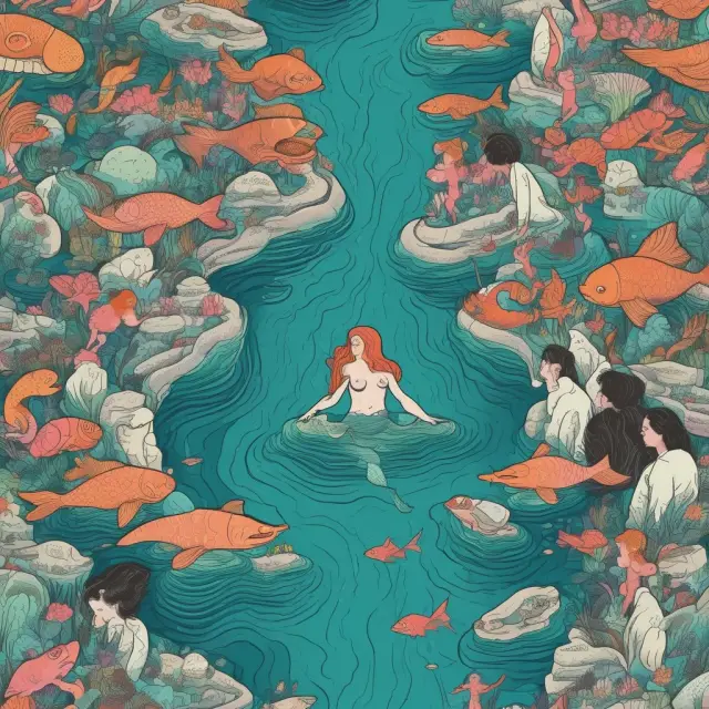 A pool of diverse aquatic life representing mutual funds, with a fund manager adding new securities, and an ETF mermaid trading in the depths for enhanced diversification and flexibility.