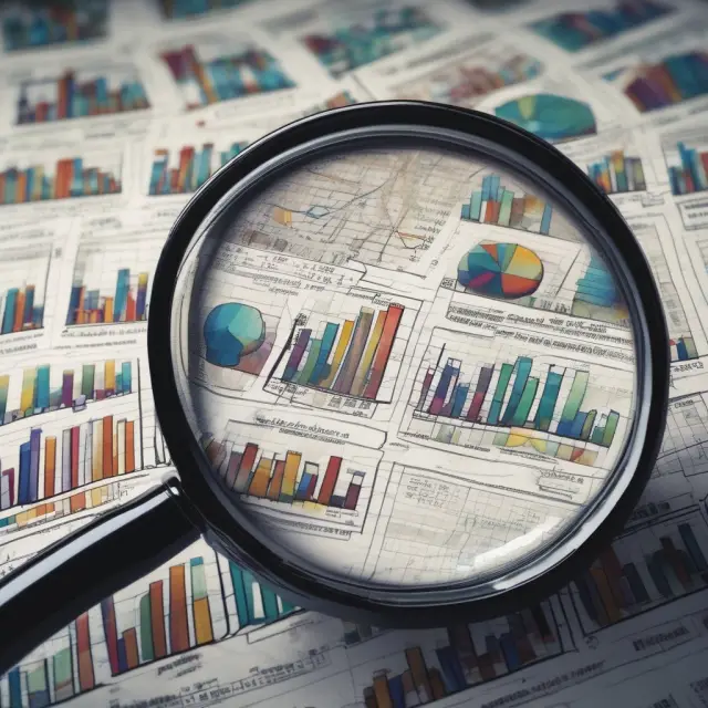 A detective with a magnifying glass studies a colorful mosaic of financial charts and data to uncover insights for informed investment decisions.