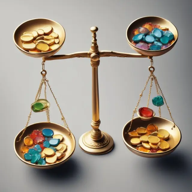 Golden scale with top-down analysis (gold coins) and bottom-up analysis (gemstones) emphasizing balanced investment strategies.