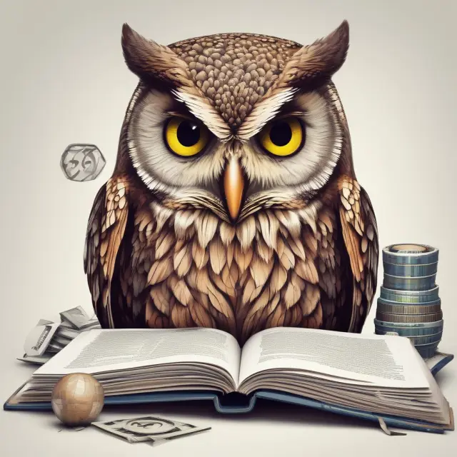 An owl examines stock charts and financial reports to identify undervalued companies through fundamental analysis.