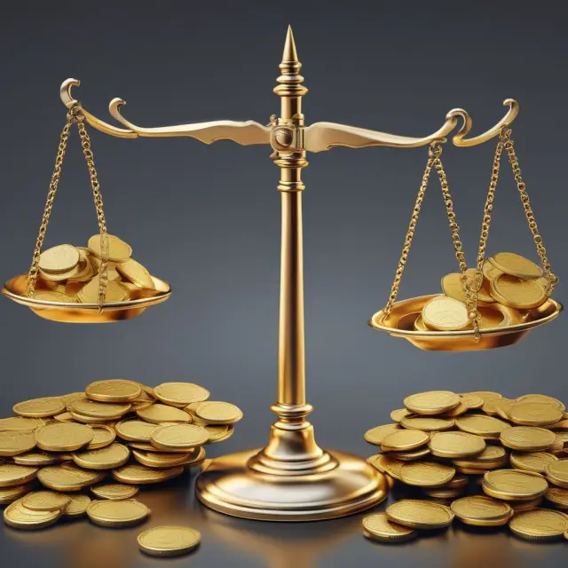 Gold coins symbolizing different investment analysis methods - top-down, bottom-up, fundamental, and technical - balancing on opposing scales with their benefits and limitations