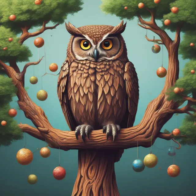 A wise owl sits atop a tree, meticulously managing various risk balls: market, credit, operational, liquidity, and regulatory.
