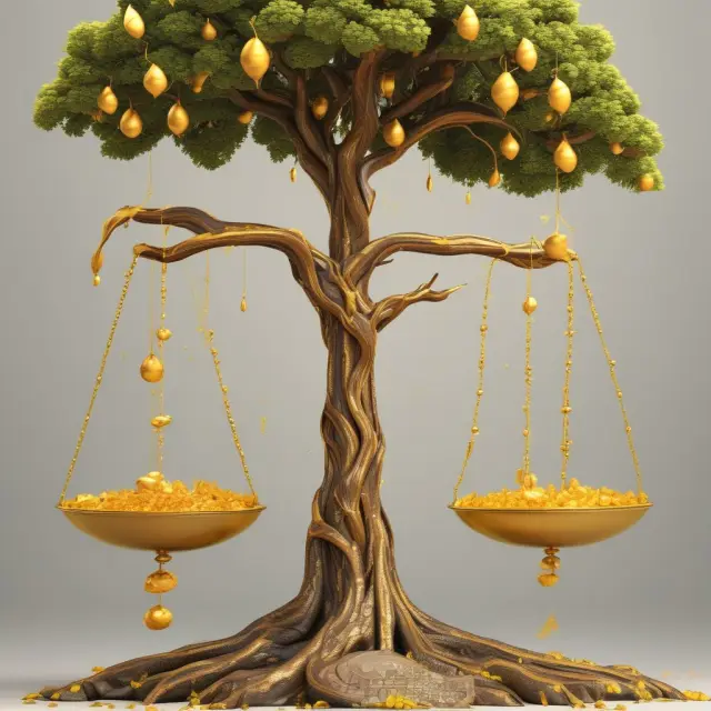 Golden scale illustrating ROI, dripping honey symbolizing residual income, and prosperous tree for EVA in an investment context.