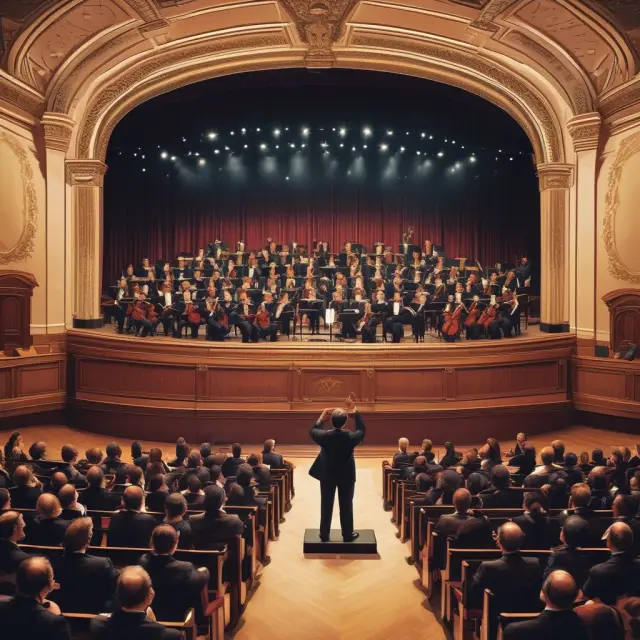 Fund manager conducting securities in an orchestra, symbolizing their role in guiding investment funds towards balanced growth.