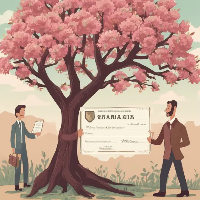 A broker assisting an investor in purchasing shares from an investment fund, represented as a blooming tree signifying growth.