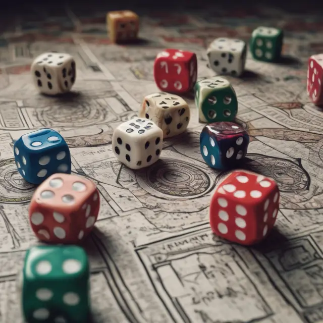 A gambler rolling dice on a table adorned with mutual fund, ETF, and hedge fund logos, emphasizing the inherent risks in investment funds
