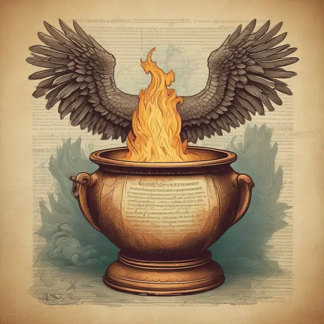 An old parchment with investment fund questions and answers unfurling, symbolizing wisdom. Phoenix rising represents growth.