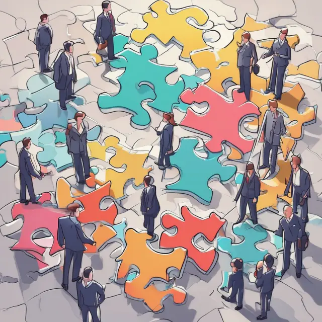 An investment manager skillfully joining the intricate puzzle pieces representing individual investors and institutional investors, symbolizing effective management of diverse clientele.
