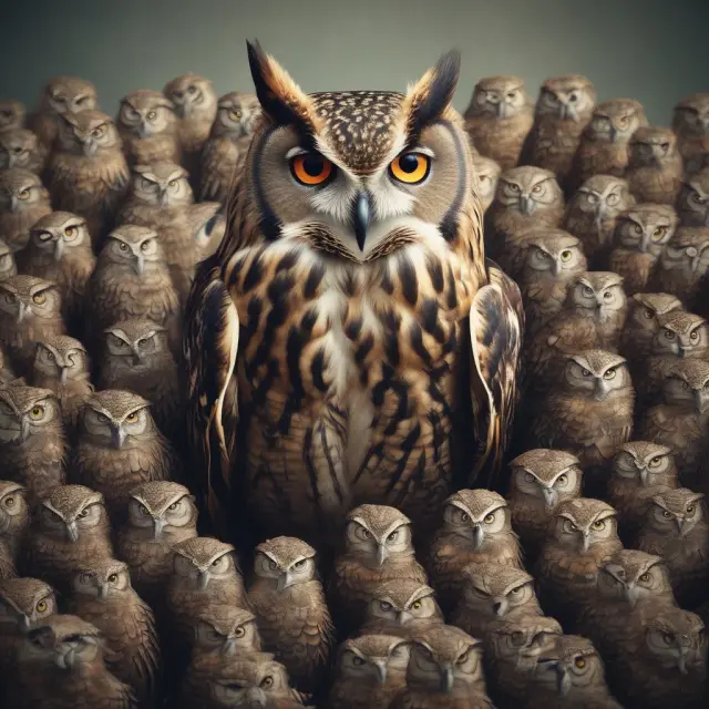 An owl, representing wisdom and oversight, supervises a team of diverse professionals in an investment management firm
