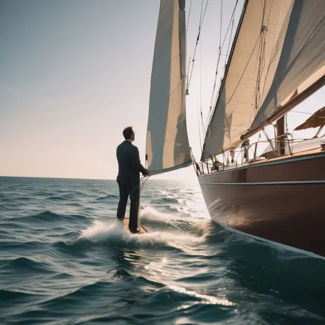An investment manager sailing a boat amidst waves representing markets, adjusting sails for balance as they navigate towards clients