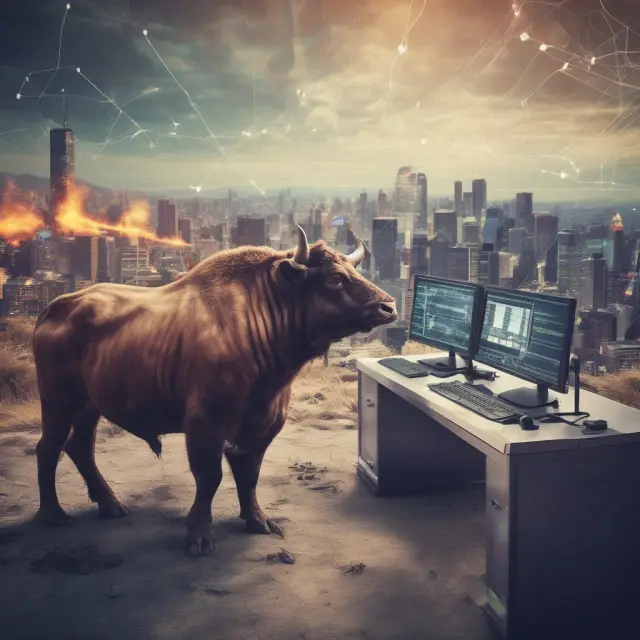 Bull and Bear examining stock charts on a quantitative investment battlefield, symbolizing data-driven decision making.