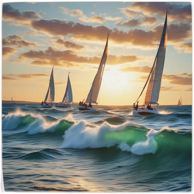 A roaring wave, symbolizing robo-advisors and passive management, challenges traditional sailboats representing investment management firms