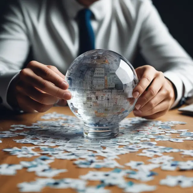Professional investment manager assembling a jigsaw puzzle of assets while consulting market forecasts and adhering to regulatory requirements