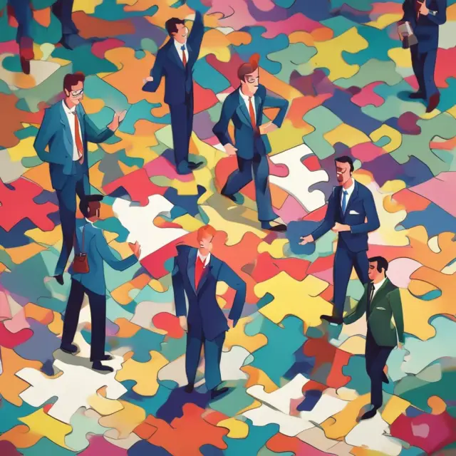 A group of investment managers sorting through various puzzle pieces representing different client portfolios and fitting the correct pieces to their respective clients