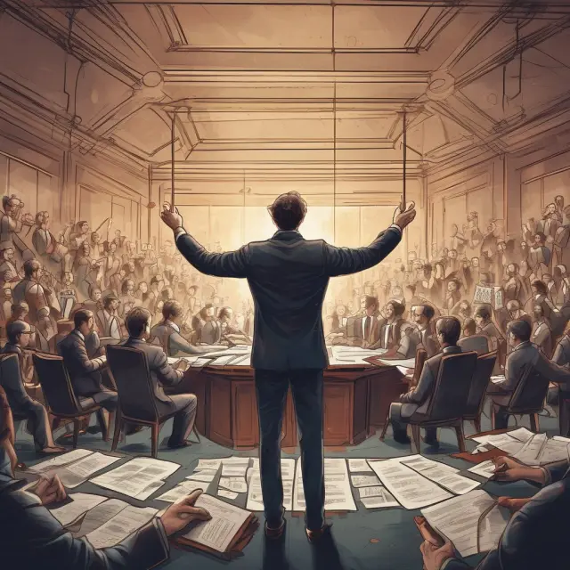 Investment manager conducting an orchestra of securities, symbolizing the balance between client needs and market conditions.