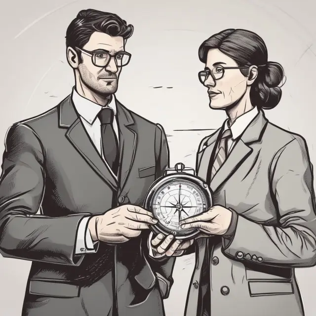 A financial manager holding a portfolio and a financial adviser with a compass, illustrating the differences between investment management and financial advice