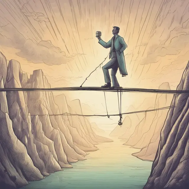 An investor balances on a tightrope, with expertise and peace of mind represented by pillars beneath. Challenges like fees and conflicts of interest appear as obstacles to overcome.