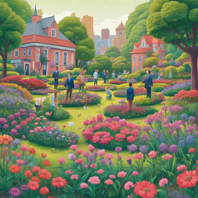 An image of a thriving garden with diverse investment managers working on their individual flowering portfolios