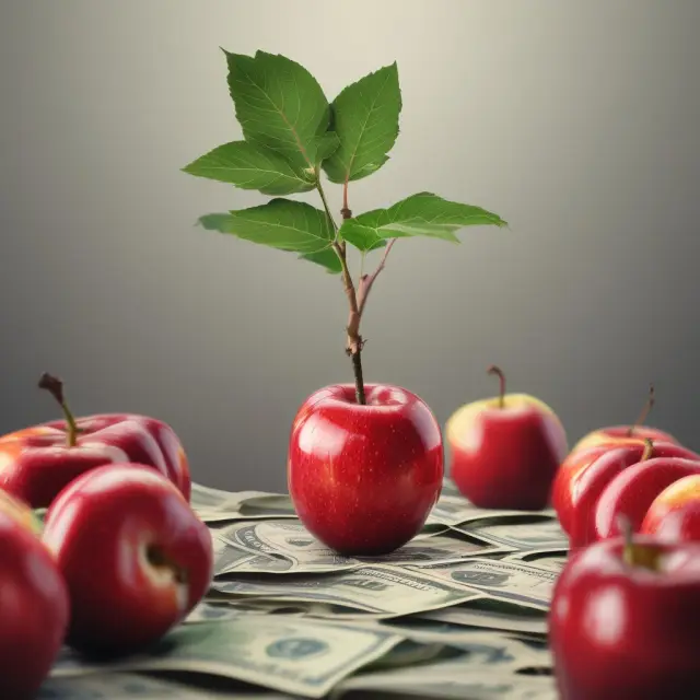 An apple representing an initial investment falls into a pool of water symbolizing the economy, causing ripples and subsequent waves illustrating the multiplier effect