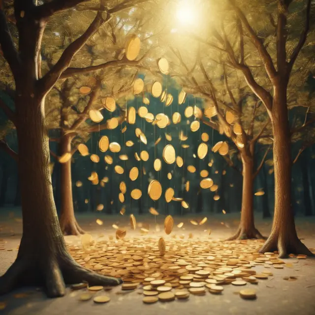 Image of golden coins flowing from dividend-yielding trees, symbolizing income from various investment products